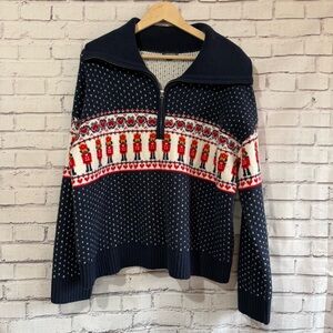 Navy Blue Women's Sweater with Festive Nutcracker Pattern